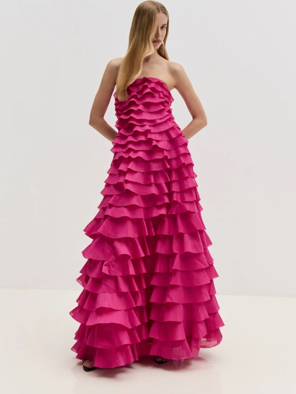 Aje Strapless Ruffled Gown in Hot Pink